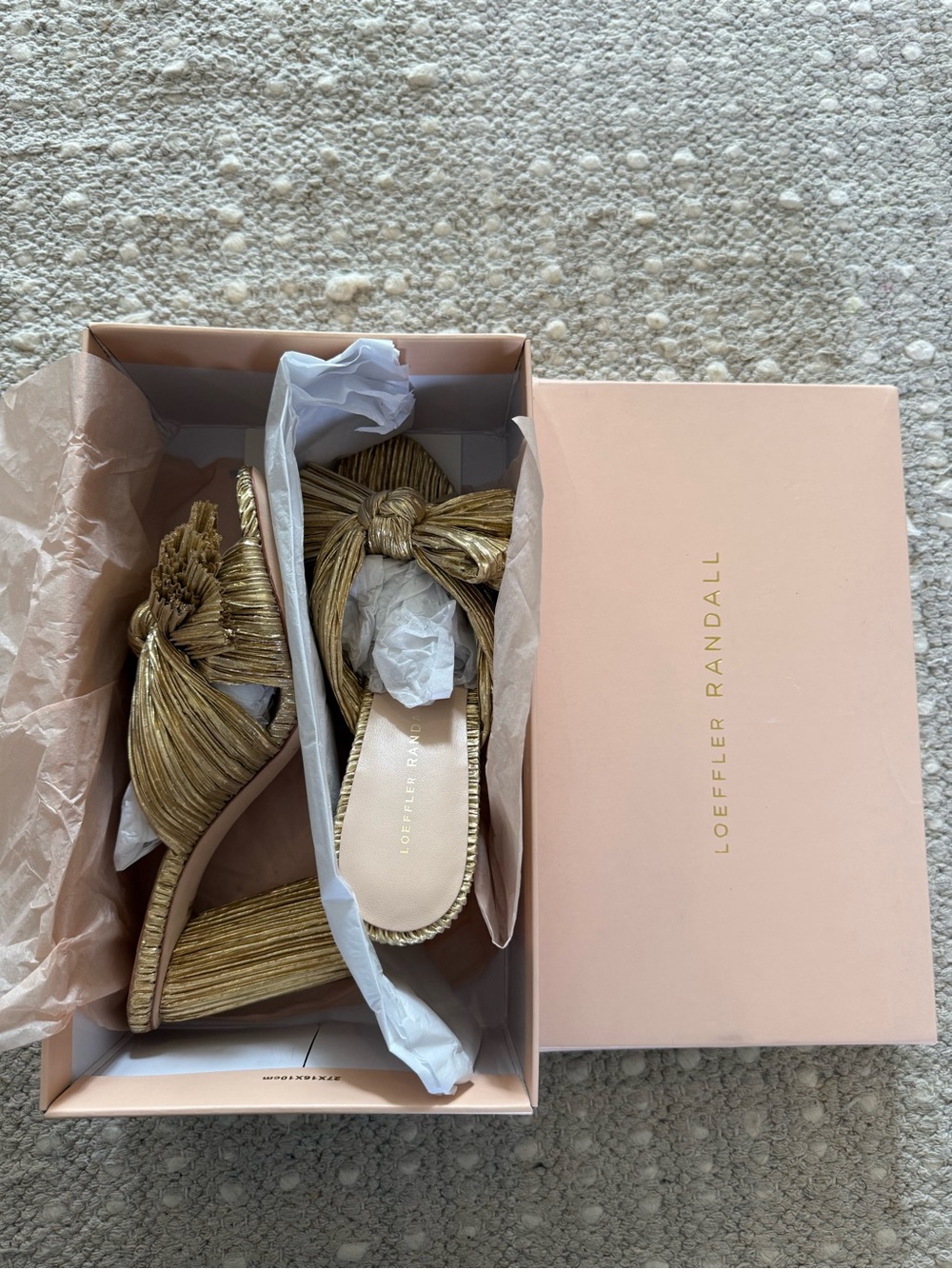 New in Box Loeffler Randall Penny Bow Metallic Gold Pleated Dress Sandals 6.5 - Picture 8 of 11